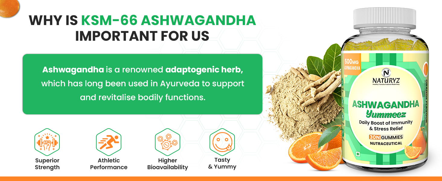NATURYZ Clinically Researched KSM 66 Ashwagandha 500mg Gummies with Vitamin D3 | Strength, Energy, Immunity, Power & Stamina | Relax, Refresh Mind & Body | No Added Sugar | Gluten-Free, 30 Gummies(Orange Flavour)