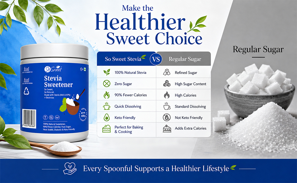 So Sweet Stevia Sugar Free Natural Sweetener - 400gm, Diabetic Friendly, Perfect for Baking, Cooking, 100% Natural