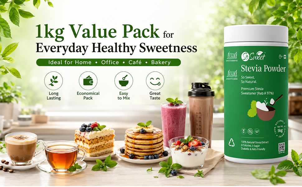 So Sweet Stevia Powder, Sugar-Free, 100% Natural Zero-Calorie Sweetener, Keto Friendly, Pack of 2 (1kg Each), Ideal for Cooking, Baking, and Sweetening Drinks