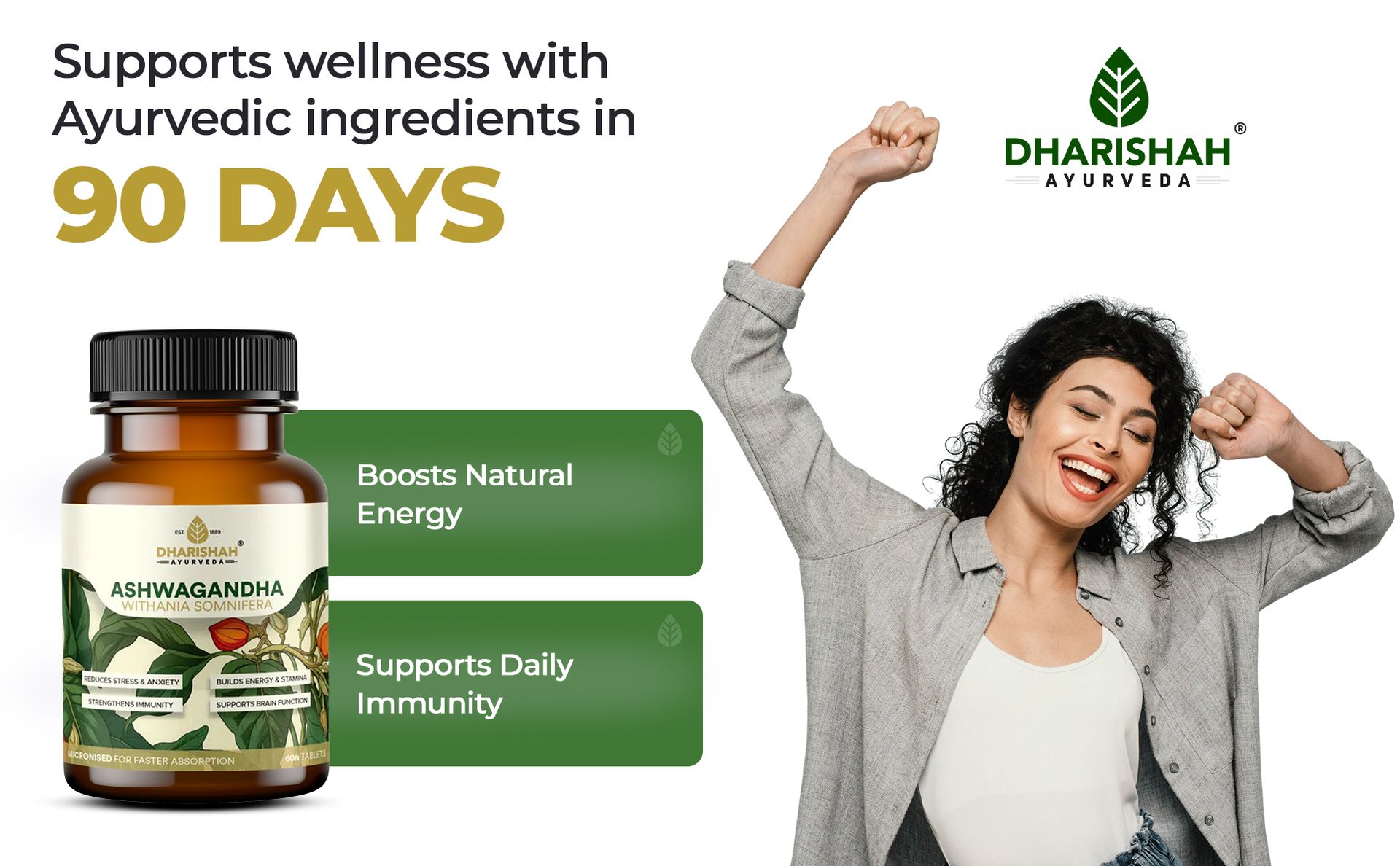 Dharishah Ayurveda Ashwagandha Tablets | Natural Stress Relief & Energy Booster | Supports Sleep, Hormonal Balance & Immunity | 120 Vegan Tablets