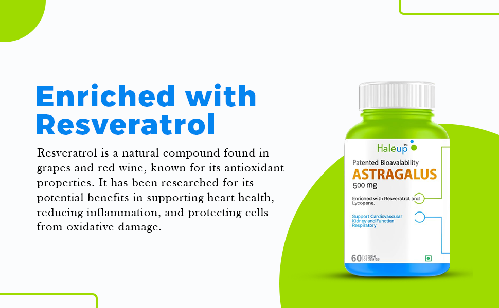 Haleup Astragalus 500 mg || 60 capsules || Enriched with Resveratrol & Lycopene || Heart & Immune Support || Researched in USA (Pack of 1, 60)