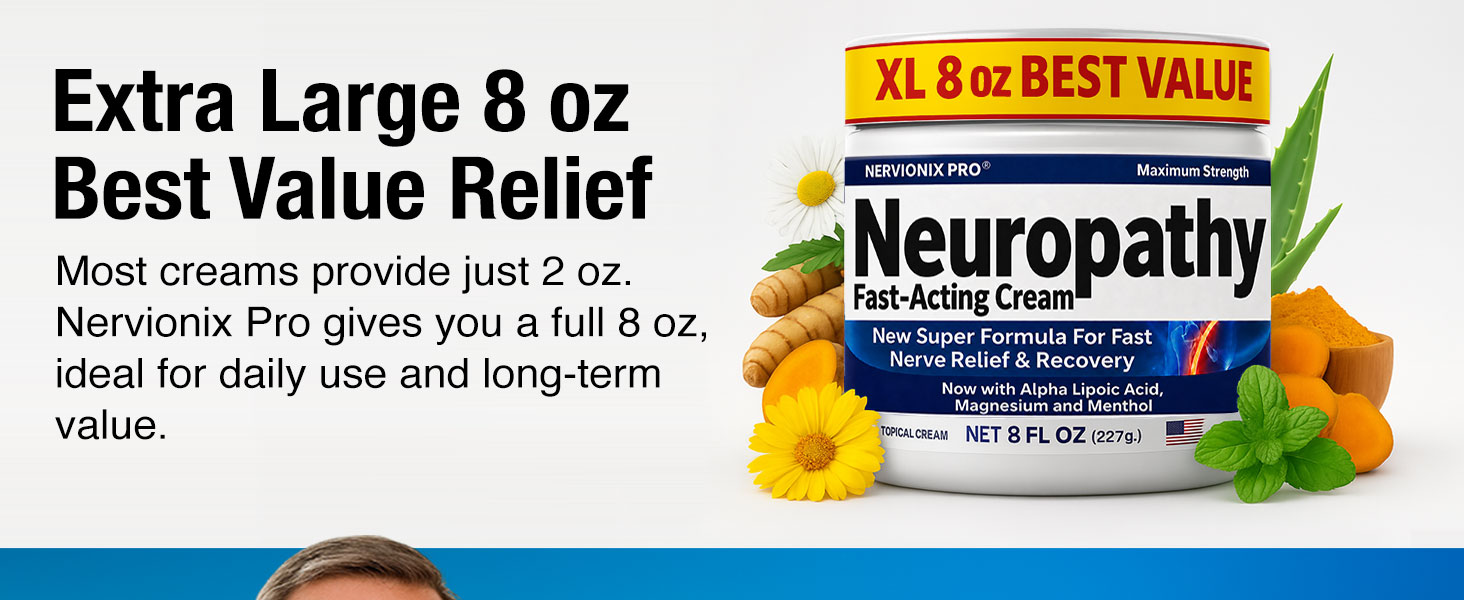 Neuropathy Nerve Relief Cream – XL 8 oz – Fast-Acting Maximum Strength for Feet, Hands, Legs, Toes & Back – Menthol 3.7% + Magnesium Chloride 2% – Arnica, Aloe Vera, MSM & Vitamins – Super Value 8 oz