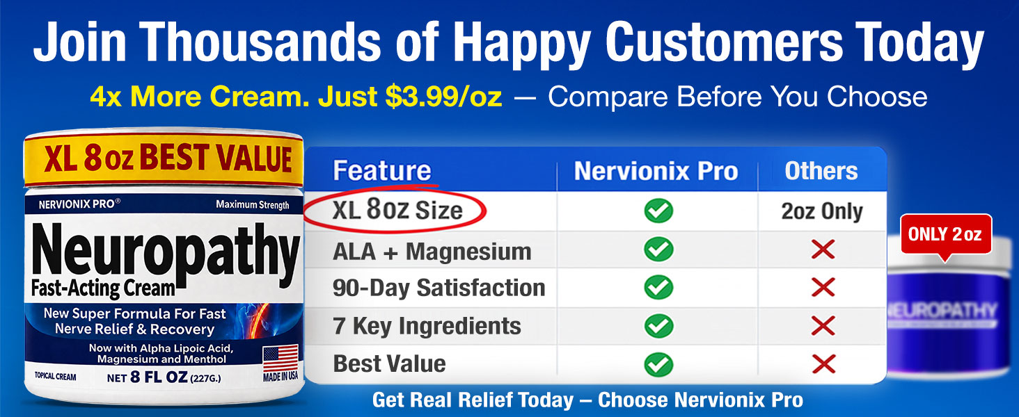 Neuropathy Nerve Relief Cream – XL 8 oz – Fast-Acting Maximum Strength for Feet, Hands, Legs, Toes & Back – Menthol 3.7% + Magnesium Chloride 2% – Arnica, Aloe Vera, MSM & Vitamins – Super Value 8 oz