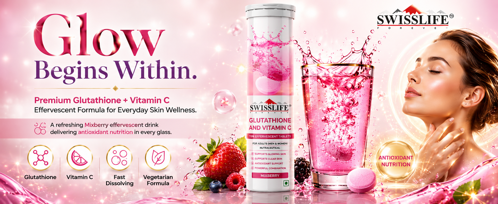 SwissLife Forever Glutathione And Vitamin C (15 Effervescent Tablets) Supports Glowing And Clear Skin | Antioxidant Support, Detoxification, Pigmentation and Tan Removal for Men And Women