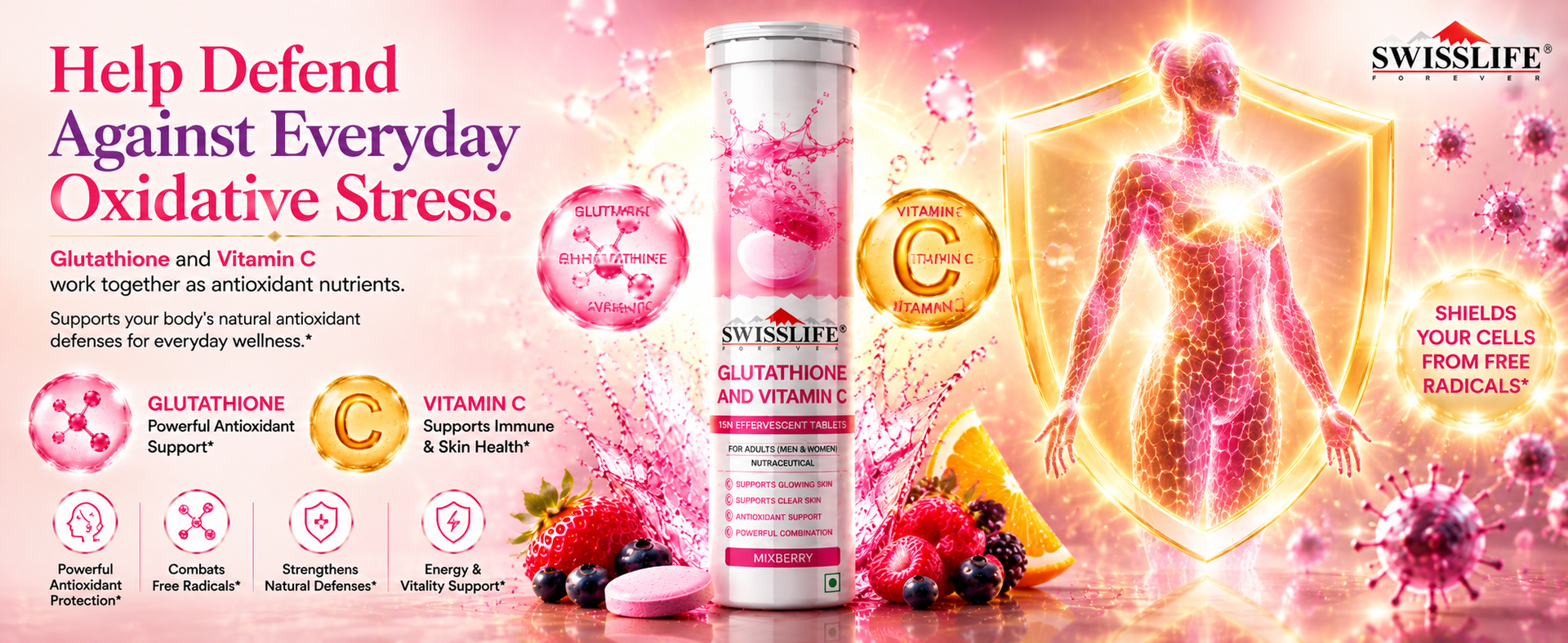 SwissLife Forever Glutathione And Vitamin C (15 Effervescent Tablets) Supports Glowing And Clear Skin | Antioxidant Support, Detoxification, Pigmentation and Tan Removal for Men And Women