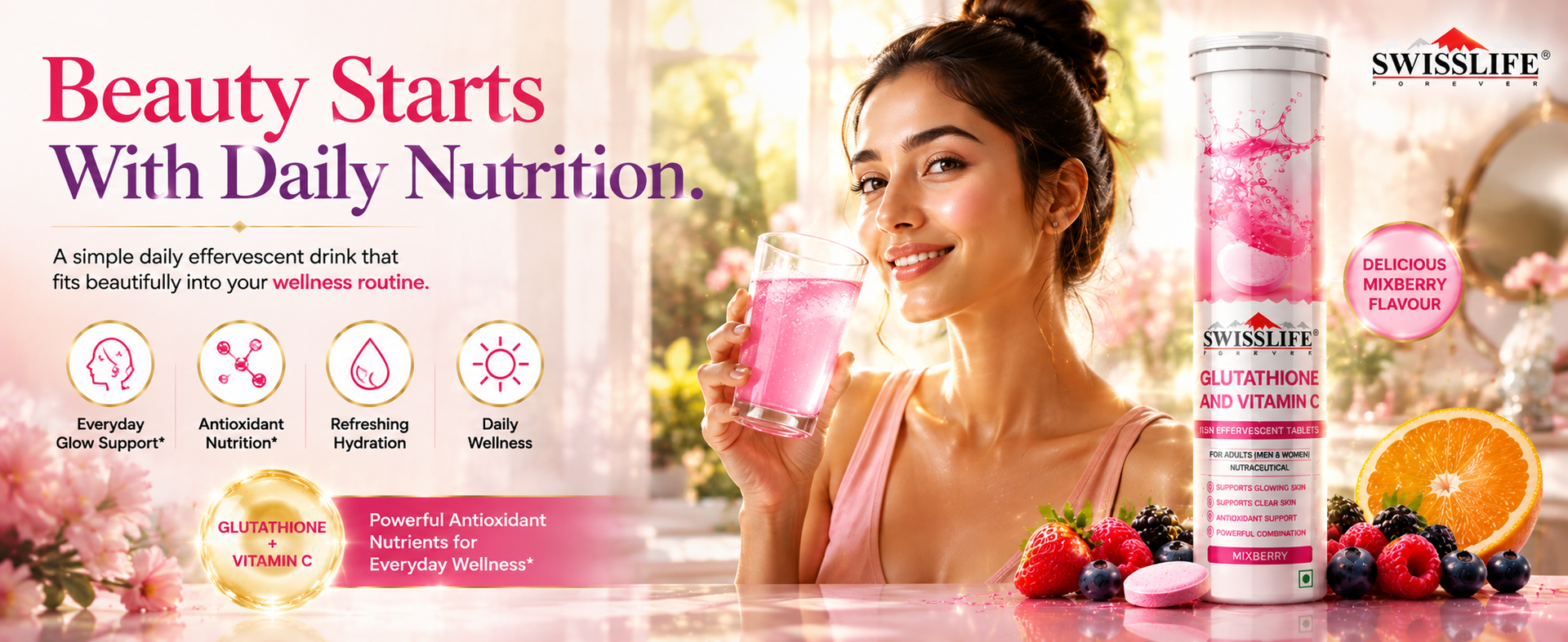 SwissLife Forever Glutathione And Vitamin C (15 Effervescent Tablets) Supports Glowing And Clear Skin | Antioxidant Support, Detoxification, Pigmentation and Tan Removal for Men And Women