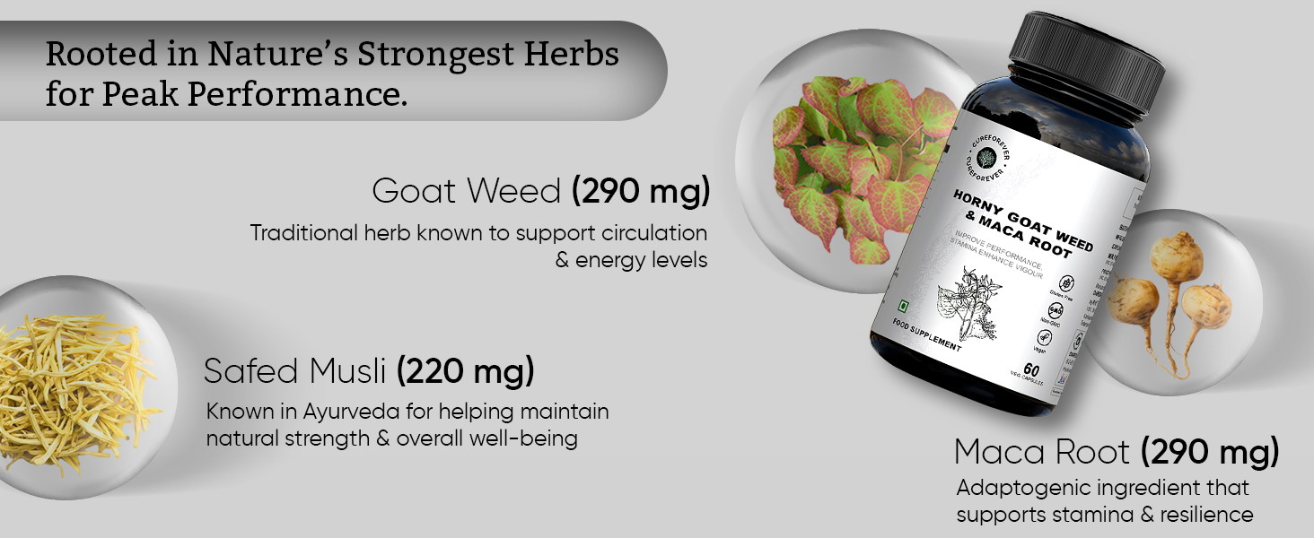 CUREFOREVER Horney Goat Weed, Maca Root & Safed Musli Extract | Safed Musli Capsules for Stamina and Performance - Maca Root to Enhance Vigour - 60 Capsules