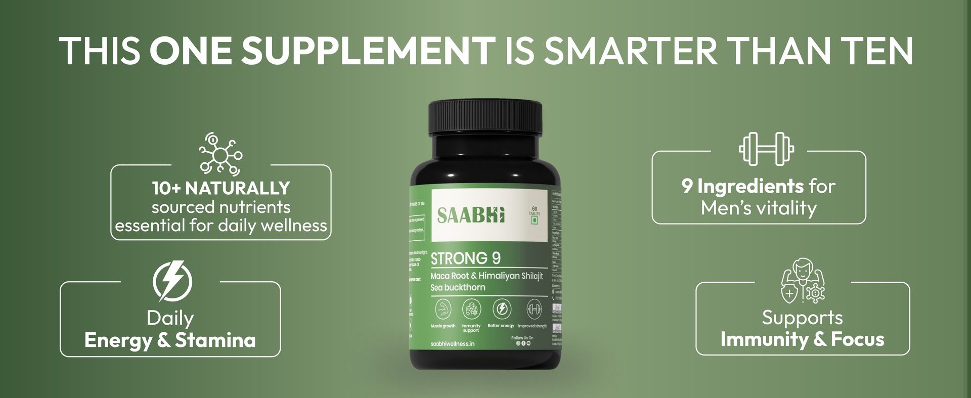 SAABHI Strong 9 Multivitamin for Men | Sea Buckthorn, Shilajit, & Maca Root | Rich in Omega 3,6,7,9 | Optimum Muscle Growth, Performance, & Enhanced Immunity | High Strength Potent Formula | Helps Maintain Overall Health (60 Tablet (Pack of 1))