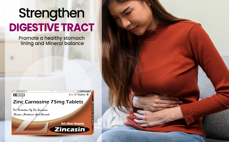 Zincasin (LeeWell) Zinc L carnosine tablets | Support Digestive Tract Lining repair, Leaky Gut, Stomach Ulcer Support | Intestine mucosal Health, Taste Buds Function & Neurotransmitter Support - 60 Tablets
