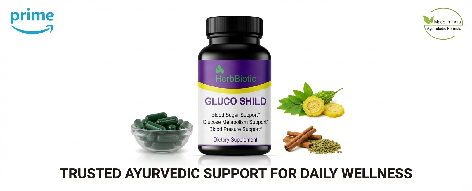 Gluco Shild Blood Sugar Control Capsules | Herbal Formula for Diabetes Care, Insulin Support & Glucose Balance | Enriched with Gudmar, Haridra, Karela & Neem – 60 Caps | gluco shield herb biotic