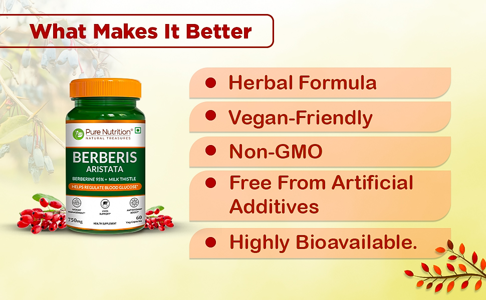 Pure Nutrition Berberis Aristata Supplement | 95% Berberine and Milk Thistle | Berberine for Weight Loss Supports Liver Health & Antioxidant | Herbal Formula for Detox Liver & Metabolic Wellness - 60 Veg Capsules