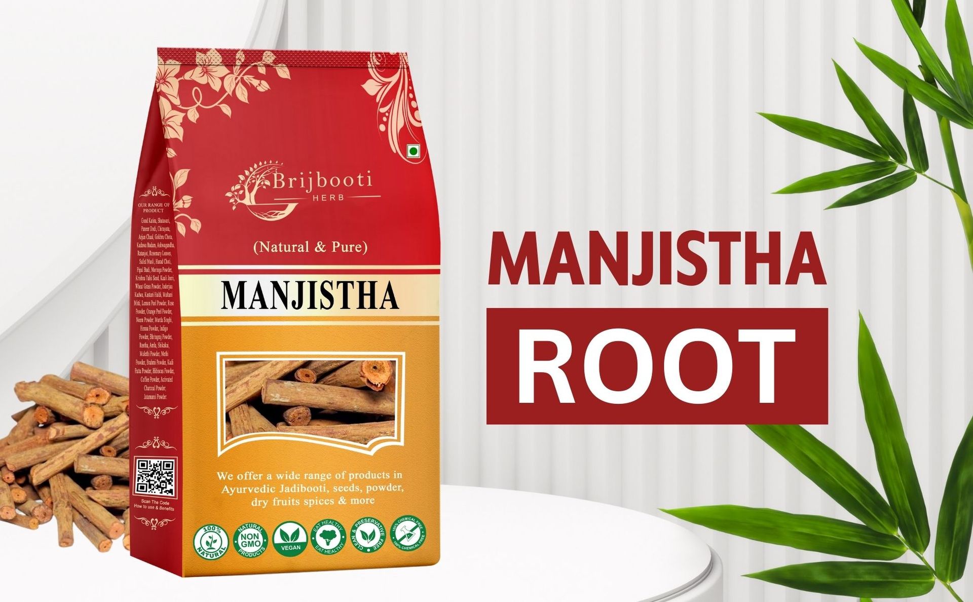 Brijbooti Organic Manjistha Root Sticks (100 gm) - Manjistha Stick Dried for Skin, Hair, Joint & Immune Support | Rubia Cordifolia | Indian Madder | FSSAI, GMP, ISO Certified