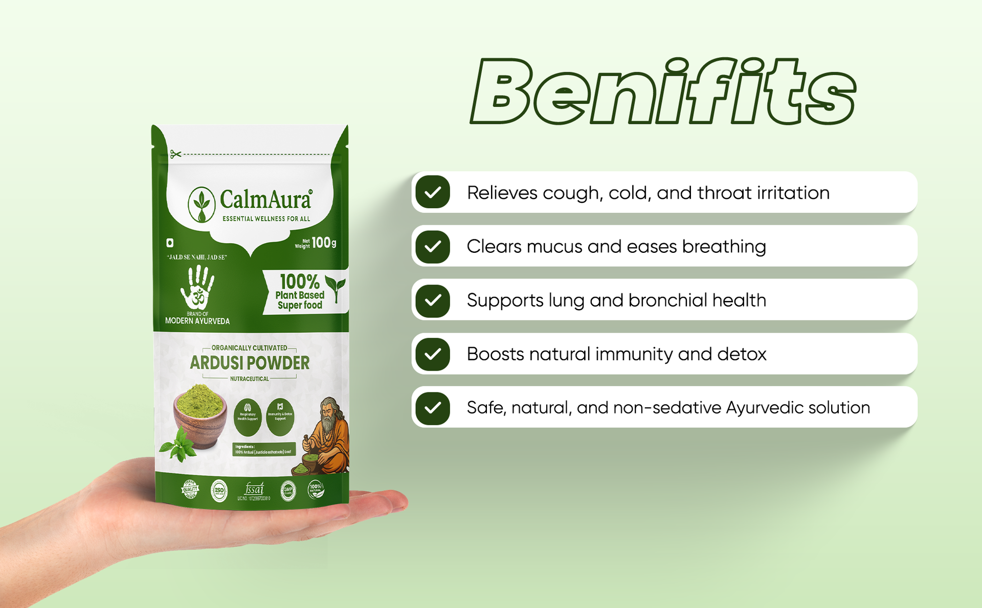 CalmAura Ardusi Leaf Powder (Adhatoda vasica/Malabar Nut) 100% Pure Ayurvedic Herb for Cough Cold Relief & Lung Health | Natural Expectorant & Respiratory Cleanser | Organically Cultivated