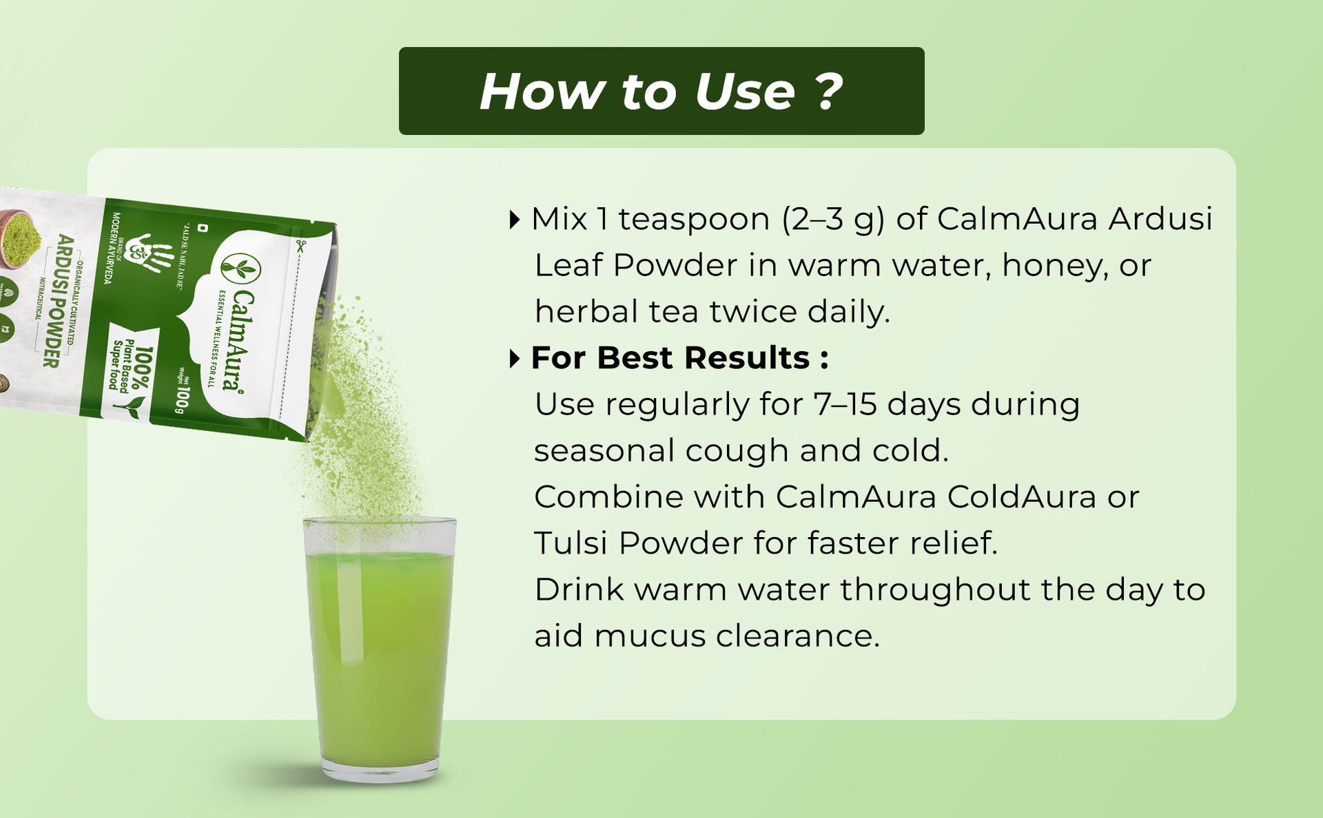 CalmAura Ardusi Leaf Powder (Adhatoda vasica/Malabar Nut) 100% Pure Ayurvedic Herb for Cough Cold Relief & Lung Health | Natural Expectorant & Respiratory Cleanser | Organically Cultivated
