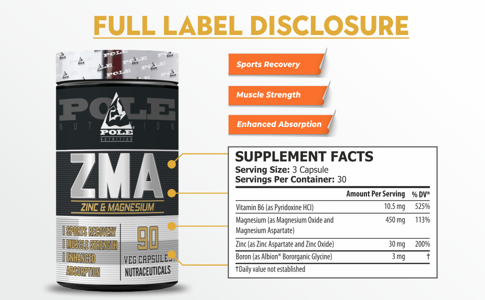 Pole Nutrition ZMA - Zinc & Magnesium Supplement for Enhanced Muscle Strength & Recovery - 90 Veg Capsules