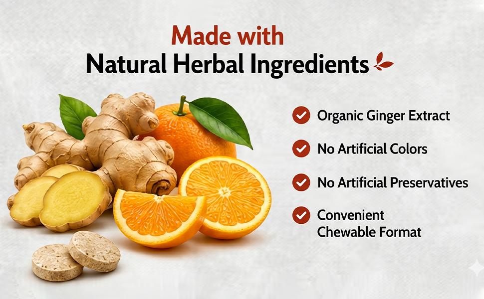 GINGER TABLET Organic Herbal Chewable Ginger Tablets with Orange Flavour | Natural Ayurvedic Sunth (Zingiber Officinale) 250mg | Supports Digestion, Cold & Cough Relief | 100 Tablets