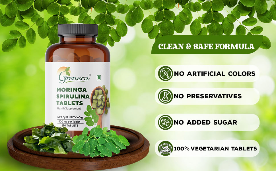 Grenera Moringa Spirulina Tablet-120 Tablets | Made with Pure Moringa and Spirulina Powder | Natural super food | Non-GMO, Gluten free