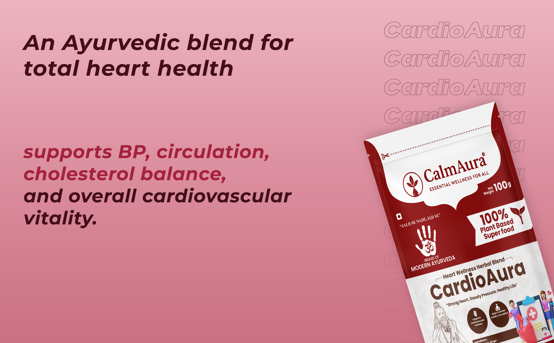 CalmAura CardioAura Ayurvedic Heart Wellness Powder 100g | Herbal Cardiovascular Support for Circulation Vitality & Lipid Balance with Arjuna Garlic Ginger | Vegan