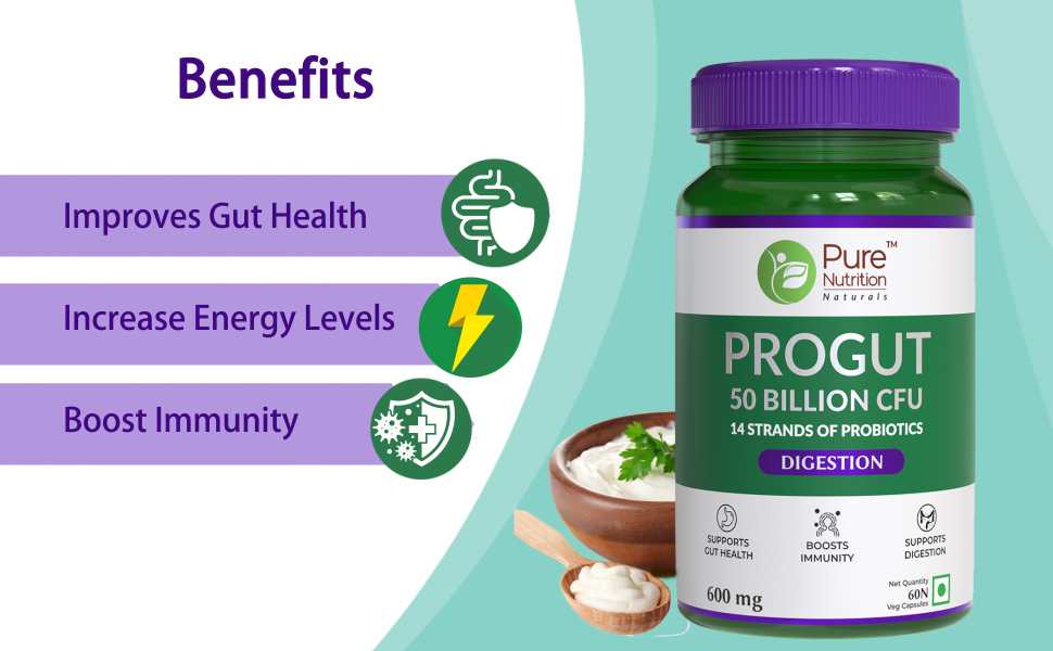 Pure Nutrition Progut 50 Billion CFU - 120 Veg Capsules (60x2) | Advanced Probiotic & Prebiotic Formula for Men & Women | 14 Strains for Gut Health, Digestive Support & Immunity | Eases Gas, Bloating & Improves Nutrient Absorption