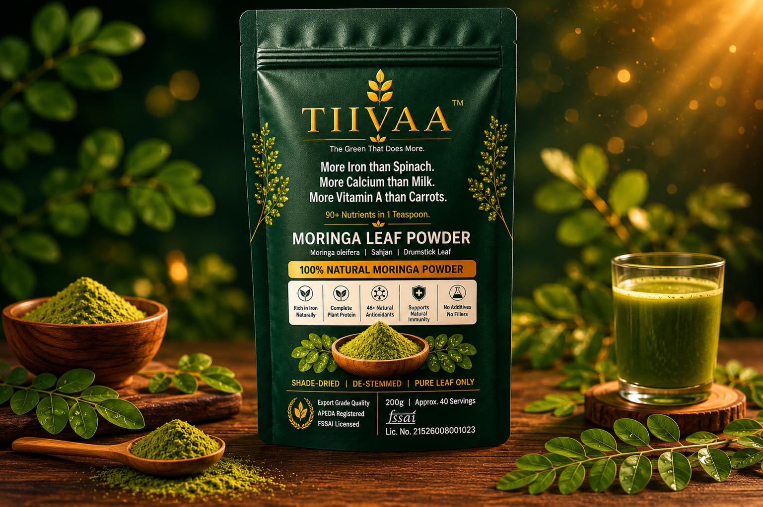 Moringa Leaf Powder 200g | Shade-Dried, Leaf-Only, Dust-Free | Boosts Immunity, Energy & Digestion | Drumstick Powder | Sourced from USDA Certified Organic Farms | FSSAI Certified