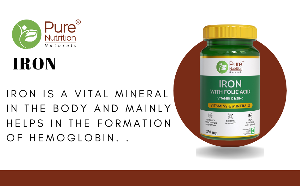 Pure Nutrition Iron Folic Acid Supplement with Zinc, Vitamin C & Vitamin B12 for Men & Women | Supports Haemoglobin Production, Boosts Immunity & Maintains Iron Level - 60 Veg Tablets (Pack 2)
