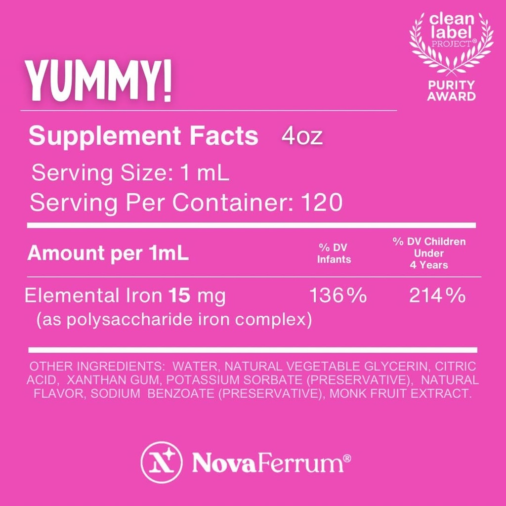 NovaFerrum Yummy | Pediatric Drops Liquid Iron Supplement for Infants and Toddlers | Liquid Iron for Kids | 15mg of Iron