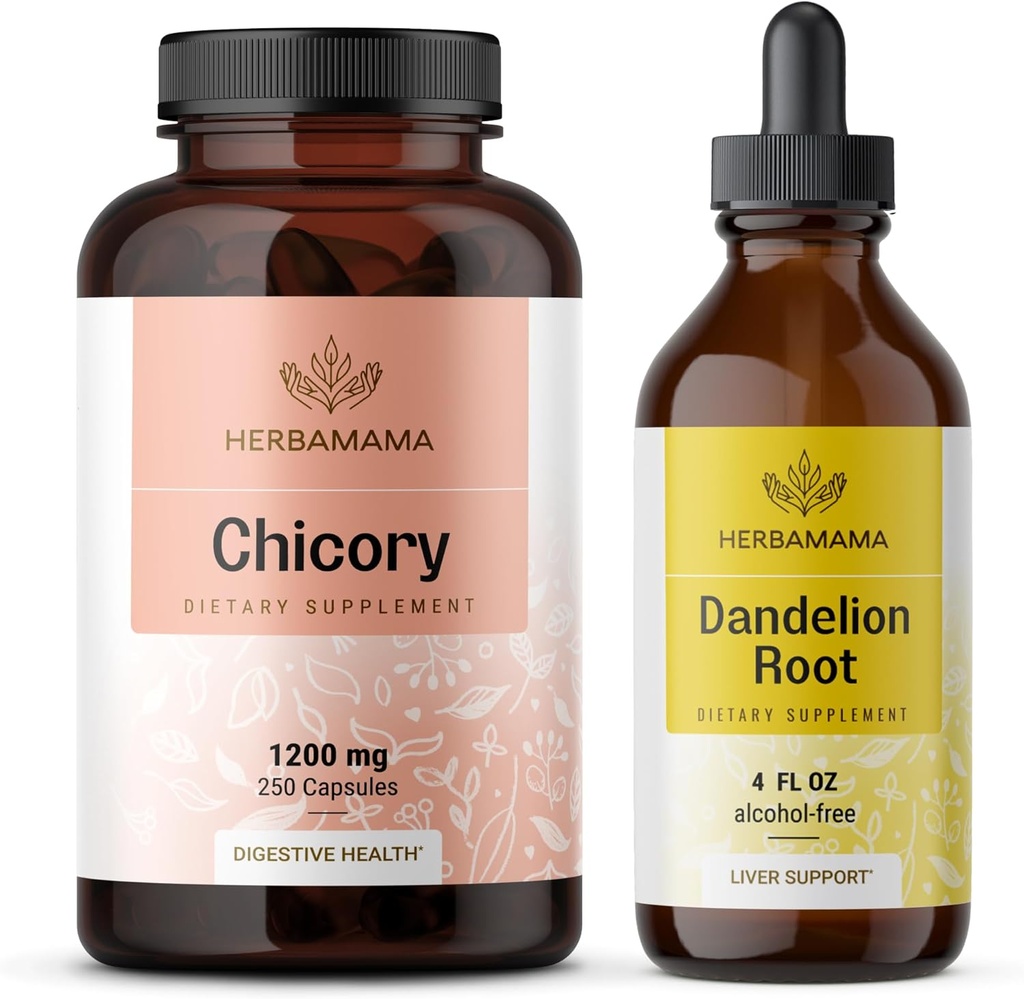 HERBAMAMA Chicory and Dandelion Kit - Bundle of 1200 mg Chicory Root Capsules & Dandelion Root Tincture 4 fl oz - Vegan, Non-GMO, Sugar & Alcohol-Free - 2 Pack 2