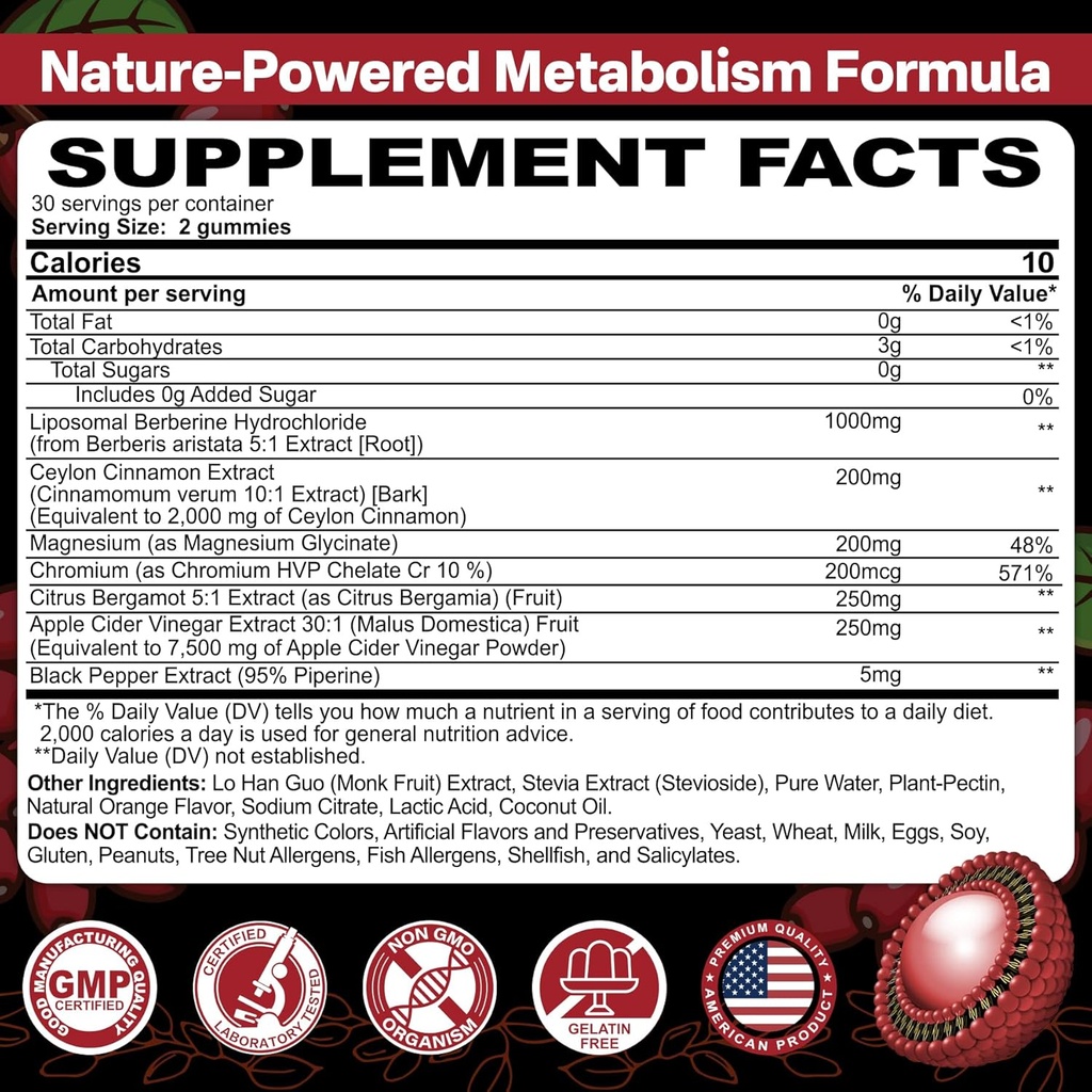 Liposomal Berberine Complex Gummies - with Chromium, Ceylon Cinnamon, Bergamot, Support Overall Wellbeing 3