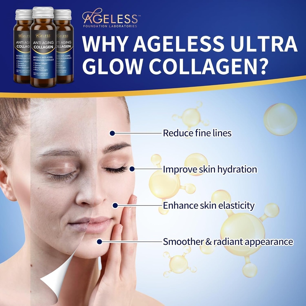 Ageless Ultra Anti Aging Liquid Collagen for Men & Women, Marine Collagen, Turmeric, Glutathione, and Rosa Roxburghii, Multi Vitamins, Skincare, Hydrating & Revitalizing Formula - 50 ml (10 Count) 3