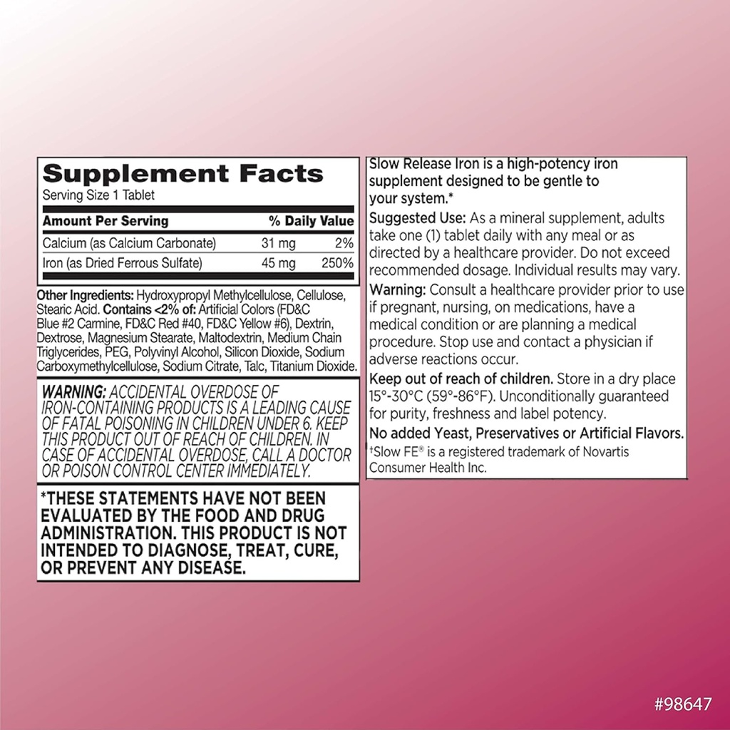 Quality Choice Iron High Potency Slow Release Tablets, 45mg, 60 Tabets Each (Pack of 7) 3