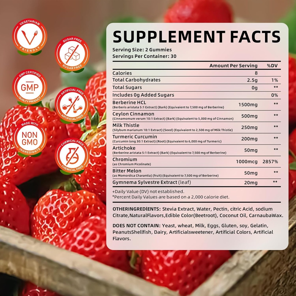 2 Pack Berberine Gummies with Ceylon Cinnamon 1500mg High Potency Berberine HCL Supplement for Immune Support,Sugar Free, Vegan, Strawberry Flavor, 120 Count 3