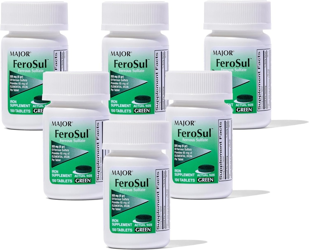 Major Ferosul - Ferrous Sulfate 325mg Tablets with 65mg of Elemental Iron - Iron Supplement for Women, Men - Green - 100 Tablets (6 Pack) 2
