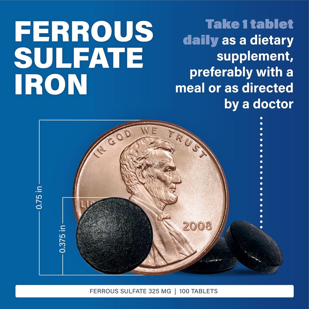 Major Ferosul - Ferrous Sulfate 325mg Tablets with 65mg of Elemental Iron - Iron Supplement for Women, Men - Green - 100 Tablets (6 Pack) 4
