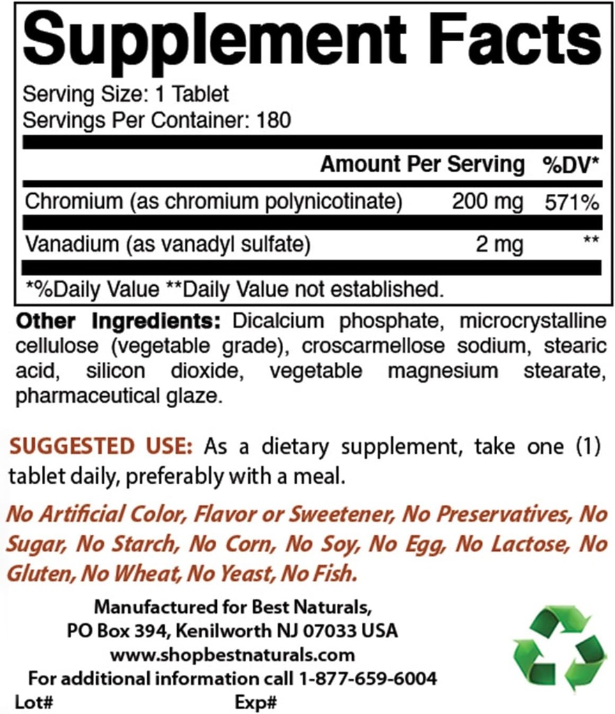 Best Naturals Bilberry Extract 1000mg & Vanadium 2 mg with Chromium 3