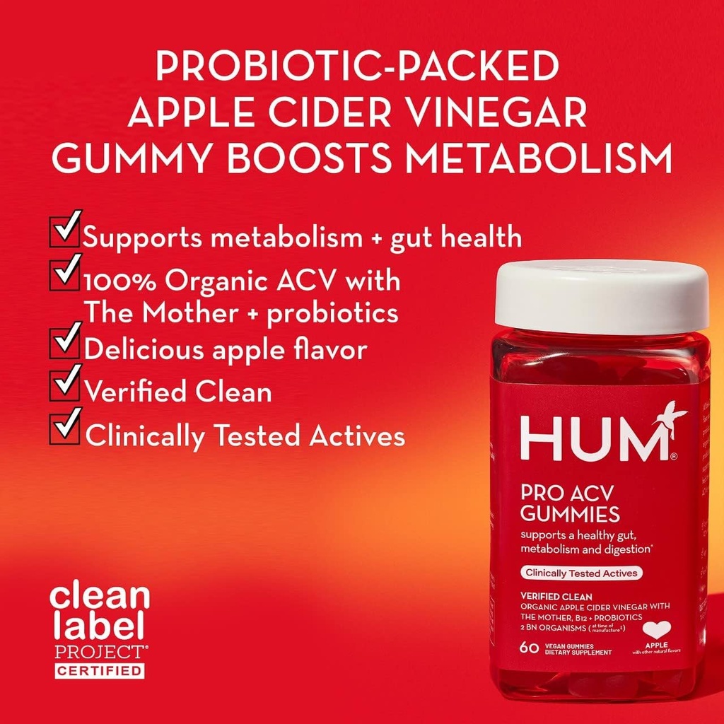 HUM Pro Apple Cider Vinegar Gummies with Probiotics for Digestive Health & Gut Health,100% Organic Apple Cider Vinegar with Mother Gummy Vitamins, Vitamin B12 for Energy Support, 60 ACV Gummies 4