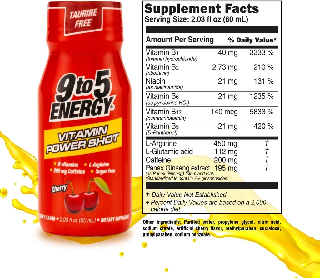 Vitamin Power Shot - Cherry Flavor, Taurine-Free, Sugar-Free, 12 Pack (2.03 fl oz Each) - Boost Energy, Focus, and Vitality with B Vitamins and L-Arginine 5