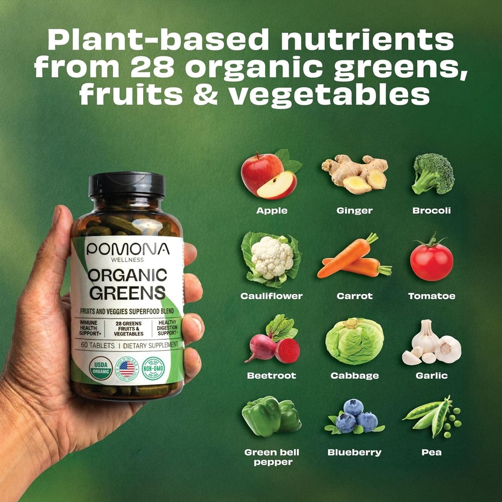 Pomona Wellness Super Greens Supplement, Full of Superfood Vitamins & Minerals, Fruits & Vegetable, Greens Powder for Bloating and Digestion, Gut Health, USDA Organic, Non-GMO, 60 Tablets 6