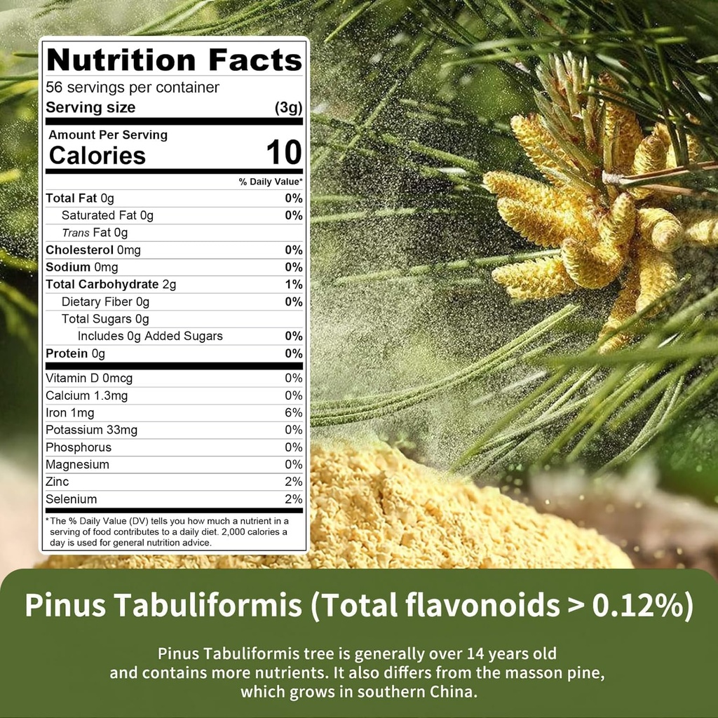 ECO-TASTE Pine Pollen Powder 6 Ounce, Wild Harvested - Pinus Tabuliformis， 99% Cracked Cell Wall 6