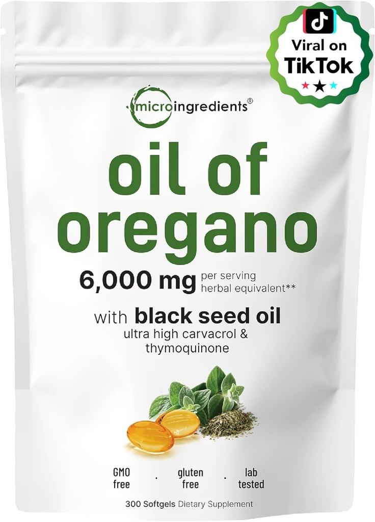 Micro Ingredients Oil of Oregano Softgels 300 Count & Lions Mane Supplement 240 Veggie Capsules Bundle 2 Pack | Carvacrol & Thymoquinone | Superfood Mushroom Antioxidants with L-Ergothioneine 3