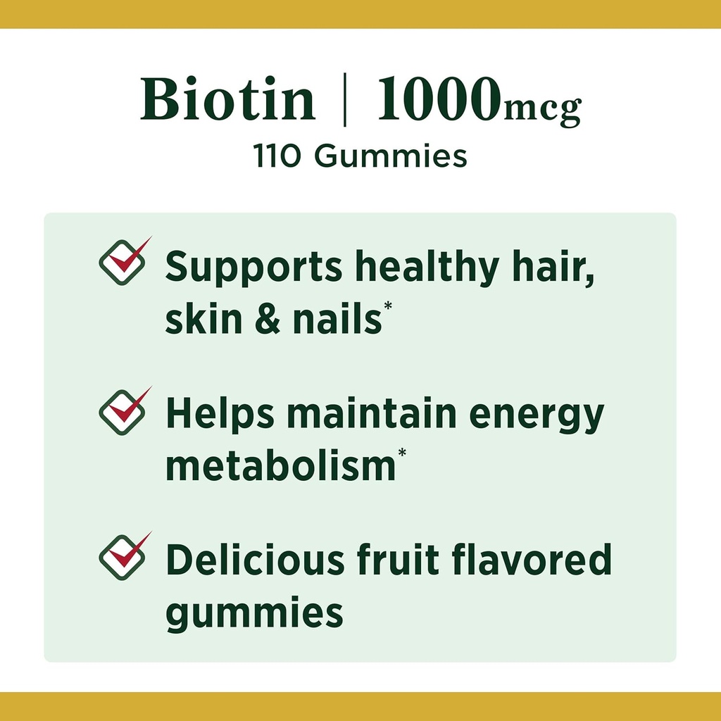 Nature's Bounty Biotin, Vitamin Supplement, Supports Healthy Hair, Skin, and Nails, Fruit Flavored Gummies, 1000 mcg, 110 Count (Pack of 2) 3