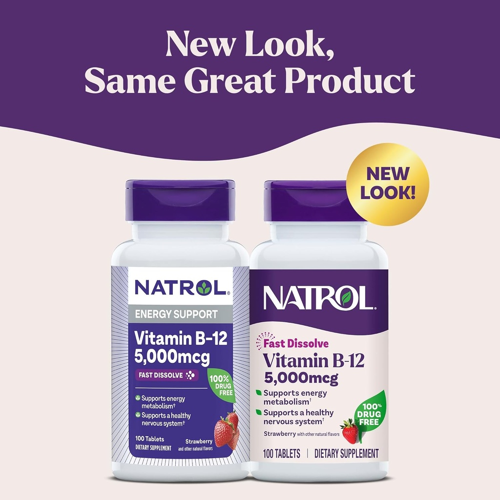 Natrol Vitamin B12 Fast Dissolve Tablets, Promotes Energy, Supports a Healthy Nervous System, Maximum Strength, Strawberry Flavor, 5,000mcg, 100 Count (Pack of 2) 3