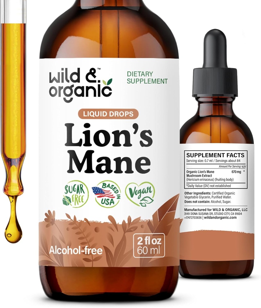 Wild & Organic Lions Mane Liquid Drops - Focus & Brain Support - Lions Mane Supplement - Hericium Erinaceus Mushroom Extract Tincture - Vegan, Alcohol & Sugar-Free - 2 fl oz 2