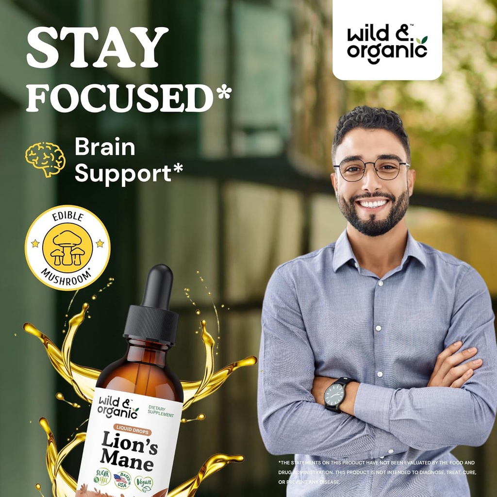 Wild & Organic Lions Mane Liquid Drops - Focus & Brain Support - Lions Mane Supplement - Hericium Erinaceus Mushroom Extract Tincture - Vegan, Alcohol & Sugar-Free - 2 fl oz 3