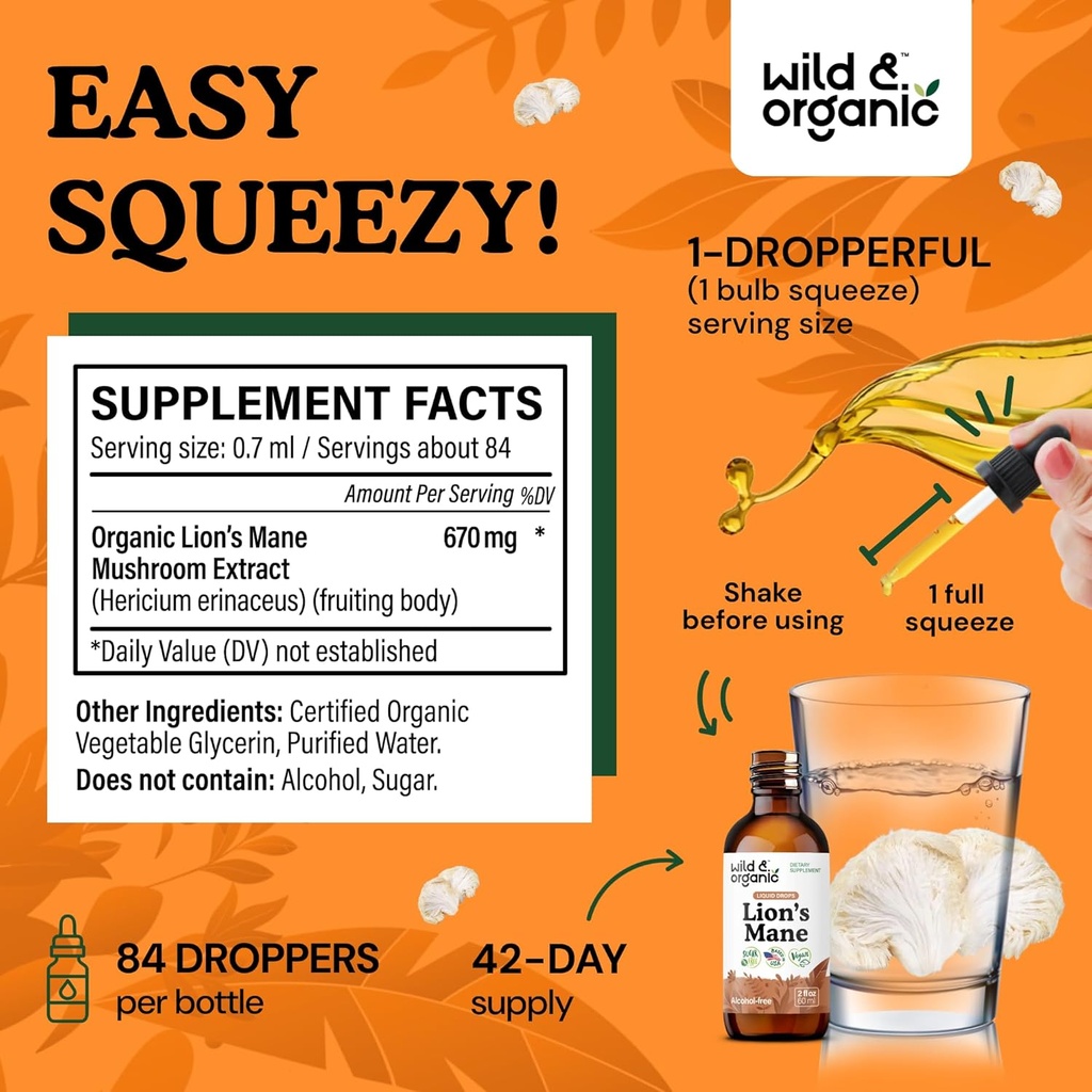 Wild & Organic Lions Mane Liquid Drops - Focus & Brain Support - Lions Mane Supplement - Hericium Erinaceus Mushroom Extract Tincture - Vegan, Alcohol & Sugar-Free - 2 fl oz 4