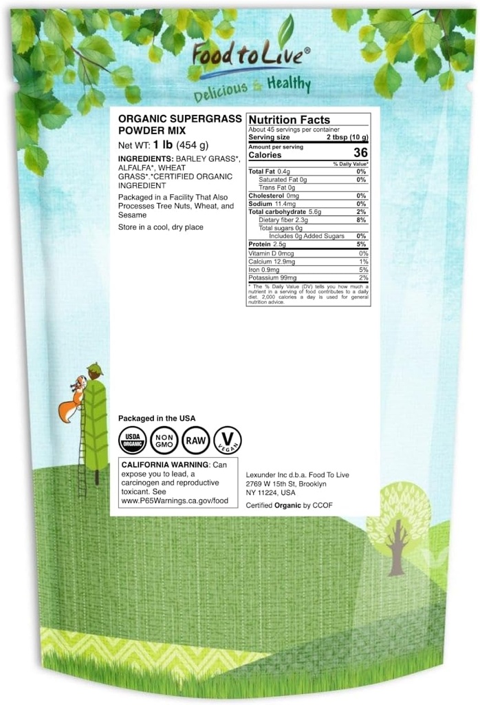 Food to Live Organic SuperGrass Powder Blend – Mixed Alfalfa, Barley Grass, and Wheatgrass Powders. Non-GMO, Pure Superfood, Vegan, Kosher, Bulk. Mixes Well. Perfect for Smoothies, and Shakes 3