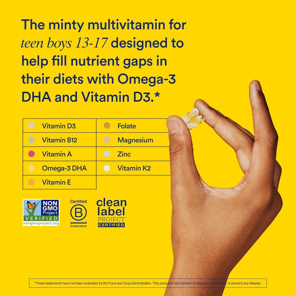 Ritual Teen Vitamins for Boys - Zinc, Vitamin A and D3 for Immune Function Support*, Omega-3 DHA & B12 for Brain Health, Non-GMO, Mint Essenced, 30 Day Supply, 60 Vegan Capsules 3