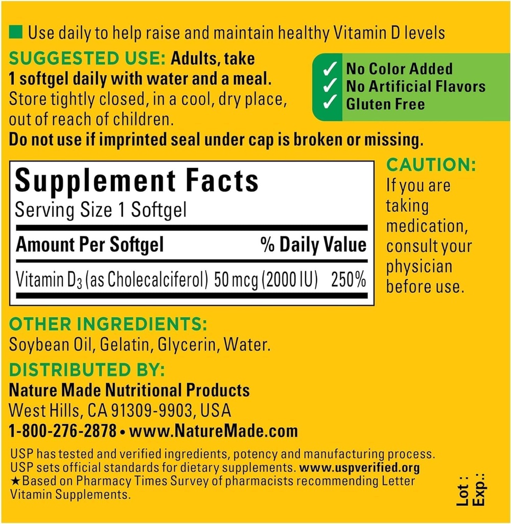 Nature Made Vitamin D3 2000 IU Liquid Softgels 90 ea (Pack of 3) 3