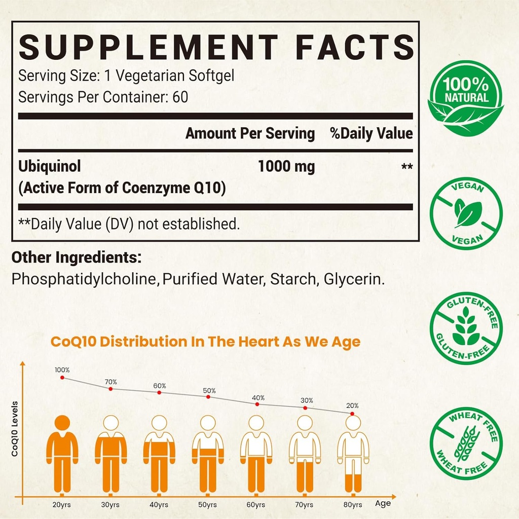 1000mg Liposomal CoQ10 Ubiquinol, 240 Vegan Softgels, High Absorption Ubiquinol CoQ10 Supplement, Active Antioxidant Form of Coenzyme Q10 for Heart Function & Energy Production 3