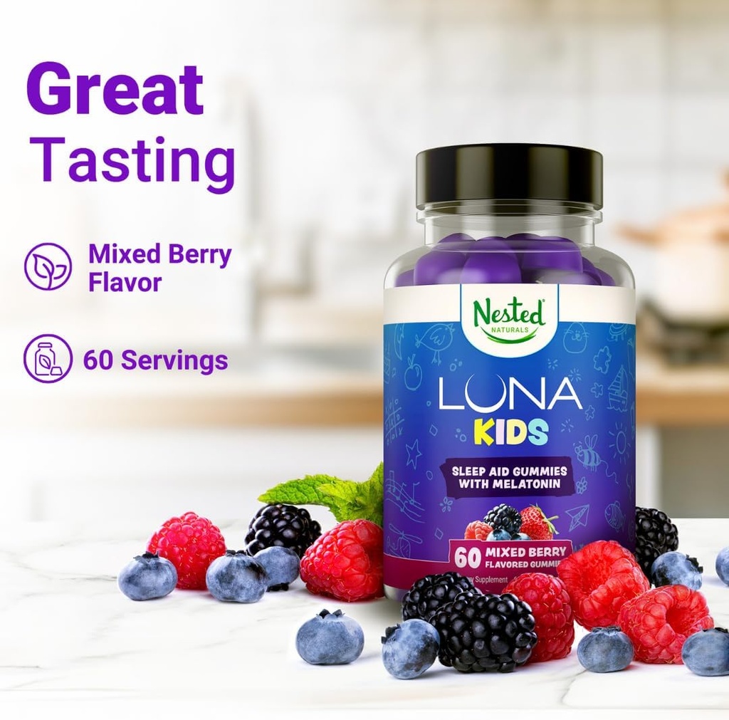 Nested Naturals Luna Kids Sleep Gummies - Non-Habit Forming Kids Melatonin Gummy with Valerian Root, Chamomile, and Lemon Balm - Children's Melatonin Sleep Aid - Mixed Berry, 60 Vegan Gummies 5