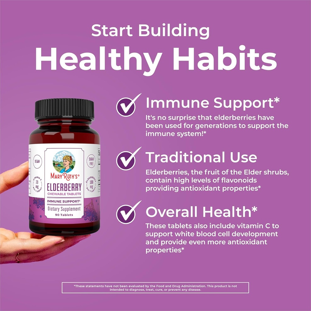 MaryRuth Organics Elderberry Vitamin C Chewable Tablets | Sambucus nigra | Black Elderberry for Immune Support | 3 Month Supply | Gluten Free | Non-GMO | 90 Servings 3